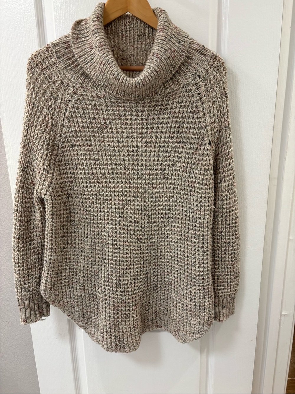 Free People Oversized Beige Cowl Neck Sweater Curved Hem Wool Linen Blend
